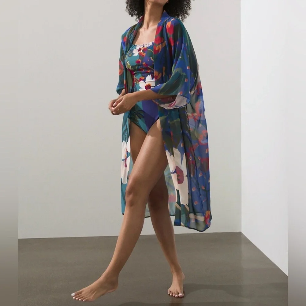 Chicos Gottex Botanical Gardens Sheer Kimono Cover Up Robe